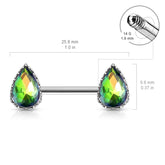 Pair of 14G Sparkling Clear Multicolor Effect Teardrop Stones Nipple Barbells. Nipple Piercing. Nipple Rings. Nipple Jewelry